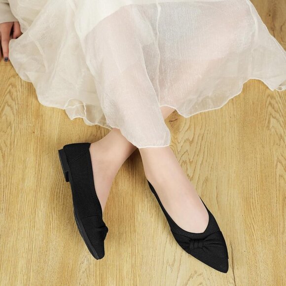 Women's Pointed Toe Knit Black Flats Comfortable Lightweight Dressy Casual Shoes - Picture 5 of 9